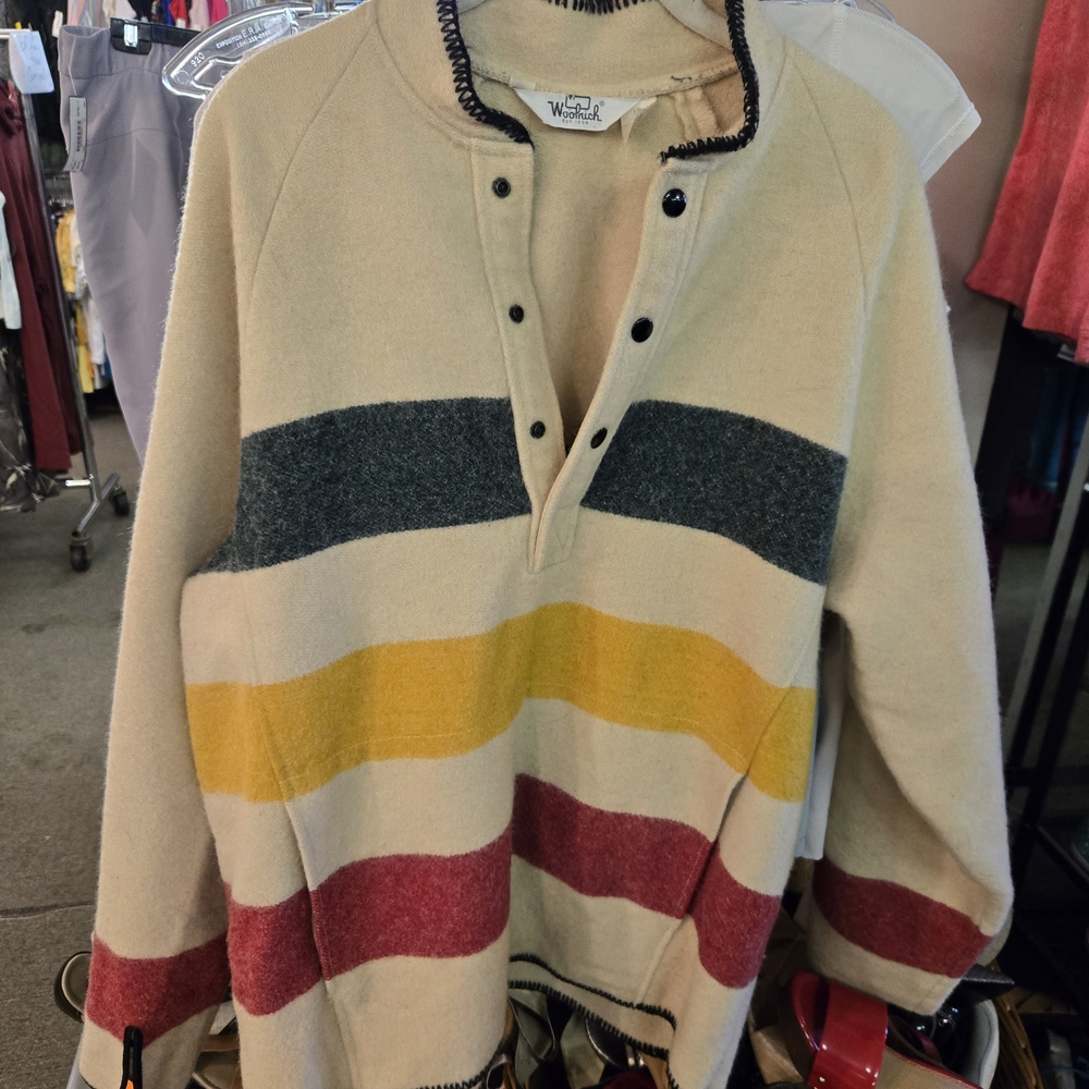 Woolrich Cream Teddy Jacket with Green, Yellow & Red Stripes